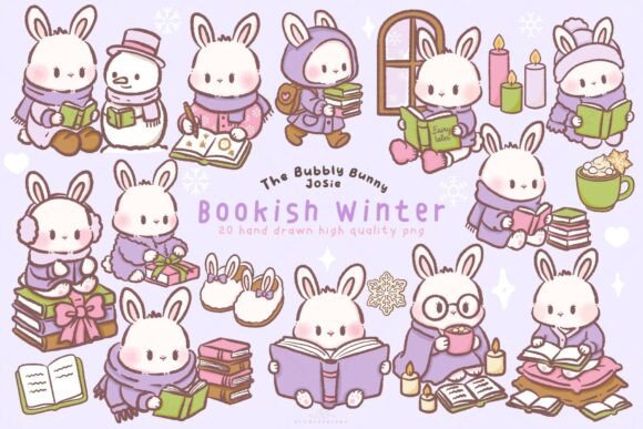 Download Kawaii Bunny Bookish Winter Clipart - Premium Bundle